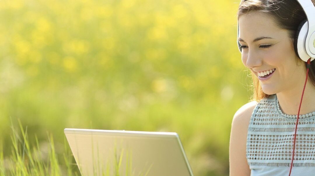 Woman working with a laptop in a field in summer